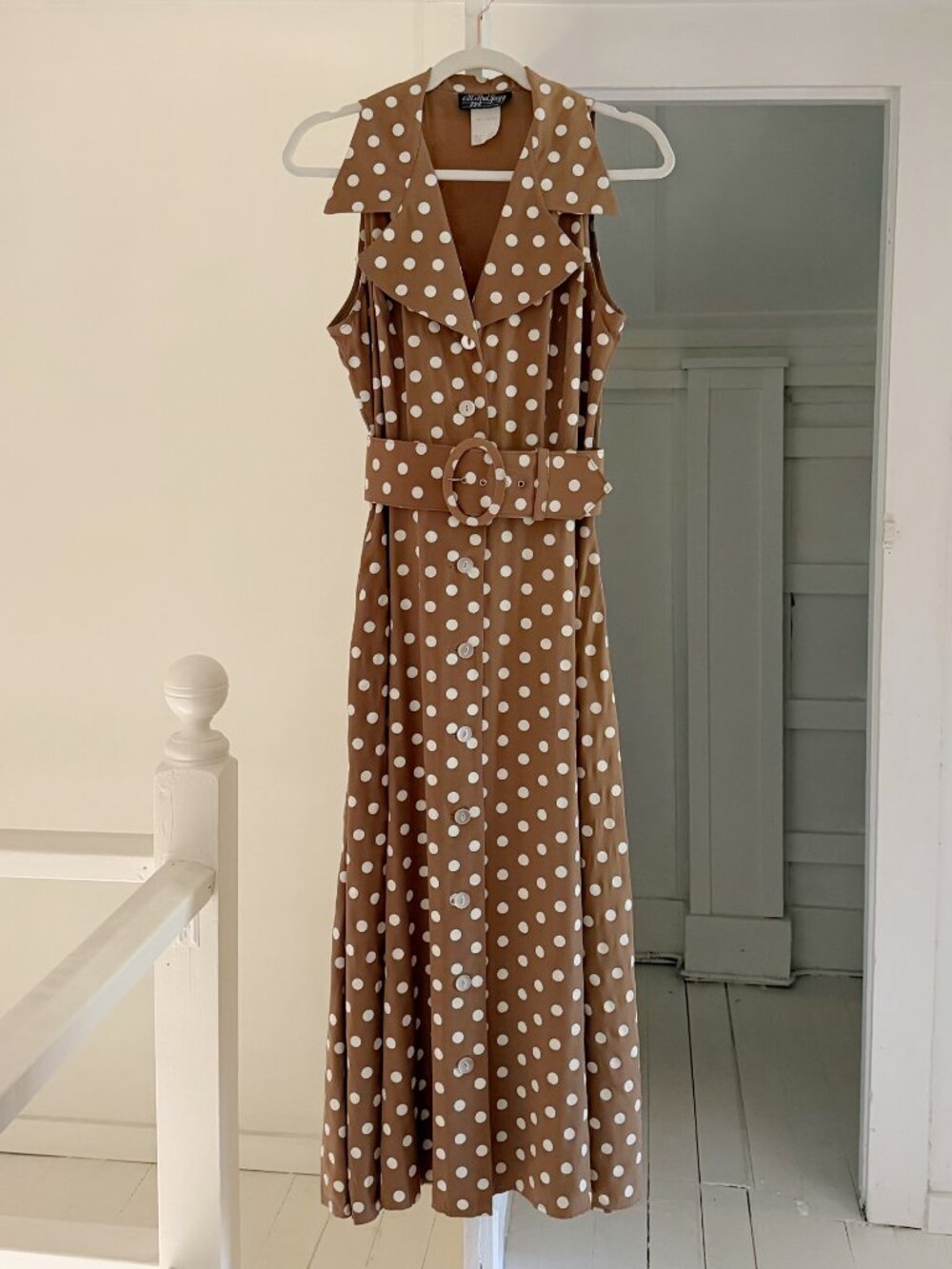 All That Jazz Vintage 90s Polka Dot Belted Buttoned Midi Dress Size 9/10 Brown - Picture 5 of 9